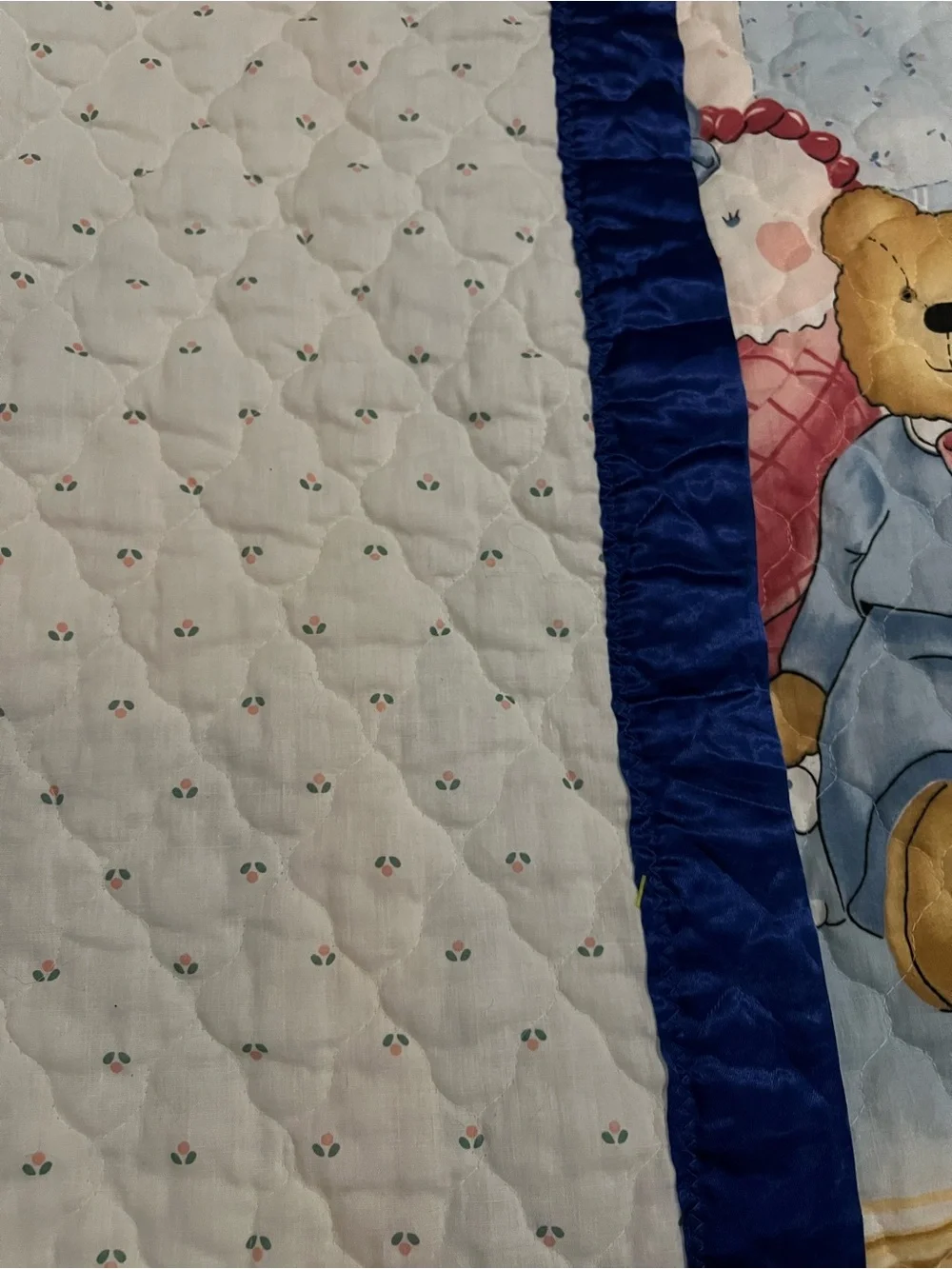 Children's Quilt Panel with Teddy Bears and Dolls - Blue/Pink with ditsy flowers
